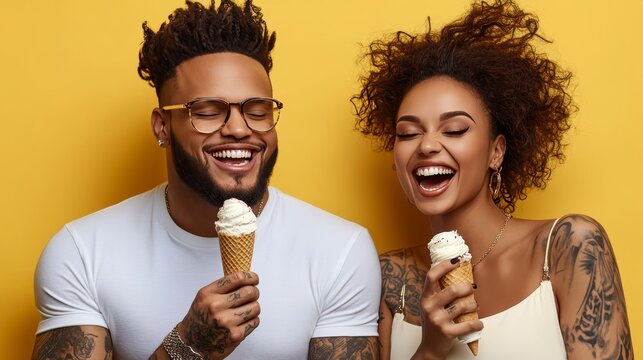 Happy, Stylish Couple Enjoying Ice Cream Cones A Portrait on a Vibrant Yellow Background