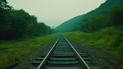 Fototapeta premium Tranquil Railway Track Through Lush Green Landscape