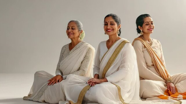 Three women in white saris are sitting on the floor. They are smiling and seem to be enjoying each other's company. Concept of warmth and happiness, as the women are gathered together in a comfortable