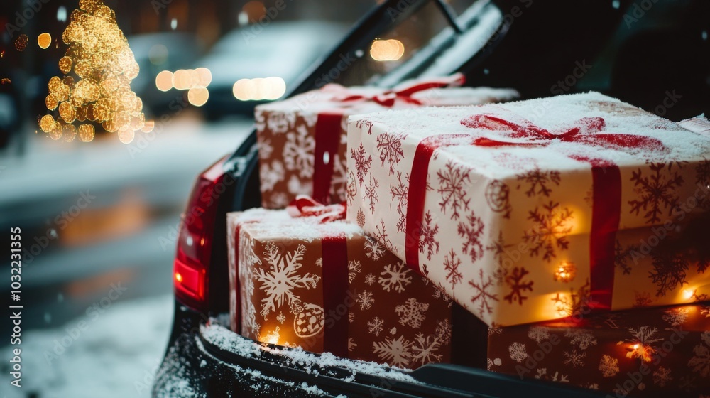 Poster A car trunk is filled with multiple wrapped gifts, all with a red ribbon and a white background with snowflake pattern.