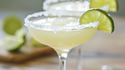 Fototapeta premium Refreshing and delicious margarita cocktail with a lime wedge on the rim. Perfect for a summer party or any special occasion.