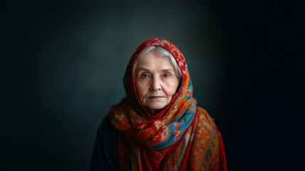 Elderly woman wearing a colorful, patterned scarf, gazing calmly into the camera against a dark background.