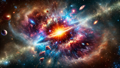 A vibrant explosion of colorful galaxies and stars representing the Big Bang theory, with planets and cosmic elements spread across the universe