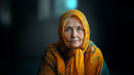 Fototapeta premium Elderly woman with a yellow patterned headscarf, gazing softly into the camera, with a blurred background.