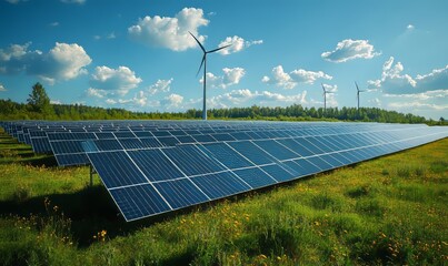 Field of solar panels with wind turbines green nature concept, Generative AI