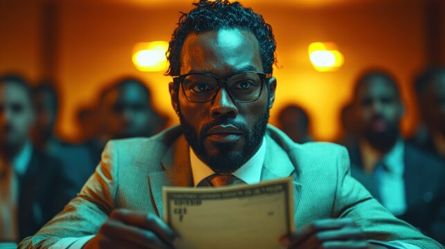 A man in a suit sits in a dimly lit room, holding a piece of paper in front of him, looking intensely at the camera. He is surrounded by other men, also in suits.