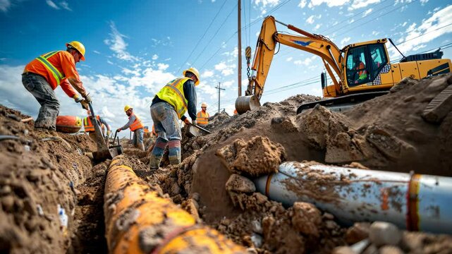 Construction workers laying pipes at a utility site under a clear blue sky in the afternoon sun