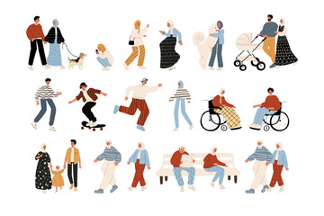 Vector illustration of diverse characters in everyday urban scenes. People walking dogs, skating, using wheelchairs, pushing strollers. Couples, families, individuals of various ages and ethnicities.