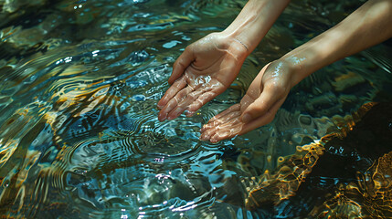 Woman's hands gently cupping clear water, sunlight reflecting off the surface. Tranquil, peaceful, and serene.