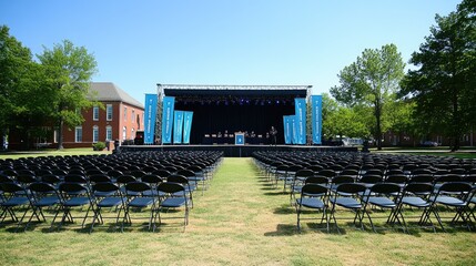 Outdoor Event Stage with Chairs Set Up for Ceremony
