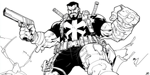 A superhero holding a gun, with swords on his back.