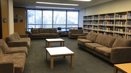 Naklejka premium Cozy Library Lounge with Bookshelves and Sofas