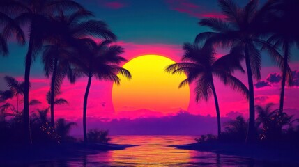 A vibrant sunset with a large, yellow sun setting over a tropical island with palm trees. The sky is a mix of pink, purple, and blue.