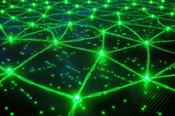 Fototapeta premium A digital network visualization with glowing green nodes interconnected by lines, representing data flow and connectivity.