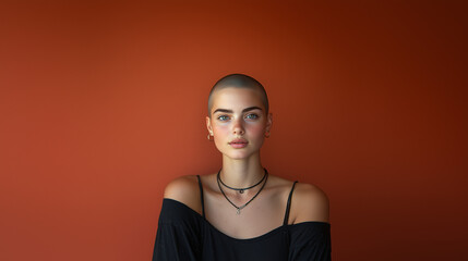 Portrait of a young woman with a shaved head, sitting against a deep orange wall, wearing a black top.