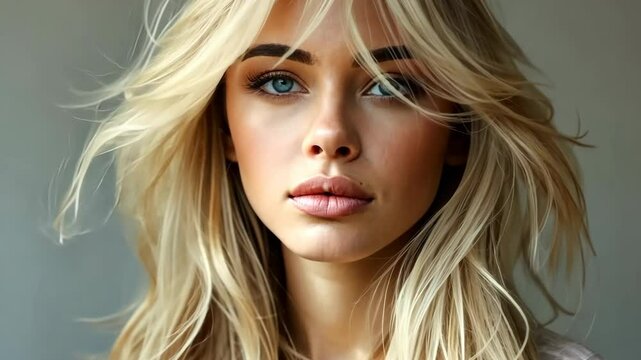 Captivating beauty portrait showcasing a model with stunning blonde hair and striking blue eyes in a soft, neutral setting