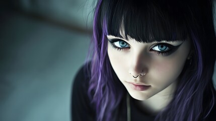 Naklejka premium A girl with black and purple hair, blue eyes, a nose ring, pale skin, and dark, emo style
