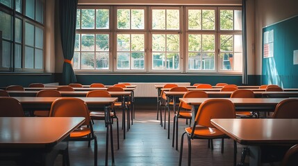 Empty Classroom, japanese school tables and chairs