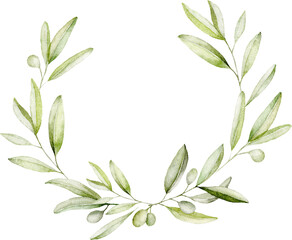 Watercolor Olive Wreath Clip Art &ndash; Hand-Painted Mediterranean Greenery