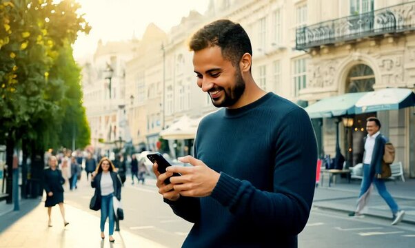 German Man Smiling While Using Mobile Phone in Paris
