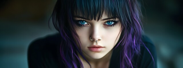 Fototapeta premium A girl with black and purple hair, blue eyes, a nose ring, pale skin, and dark, emo style