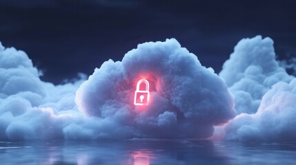 This 3D. depicts a digital cloud with a lock symbol embedded within it, symbolizing data security,...