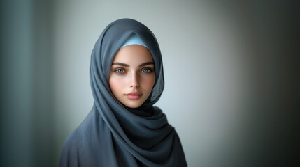 Young woman in a gray hijab, with deep gaze, positioned against a soft light background.