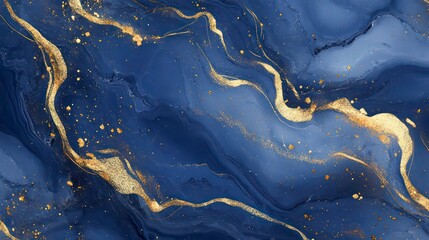 Fototapeta premium Abstract background with blue and gold swirling patterns and glittering gold flecks.