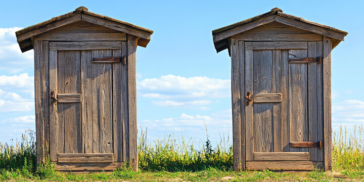 Old rustic wooden outdoor toilet. Outdoor toilet house on a plot in the countryside.