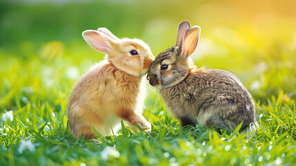 Fototapeta premium Two adorable bunnies are sitting in a lush green field, their noses touching. The sun is shining brightly, casting a warm glow over the scene.
