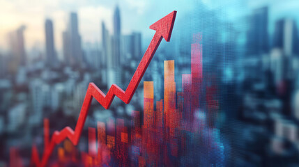 Commercial real estate construction and rising red arrow, home prices are rising