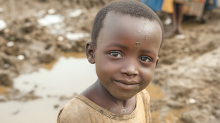 Portrait of dirty boy in African village reflecting hunger and poverty – Humanitarian crisis and global awareness concept.

