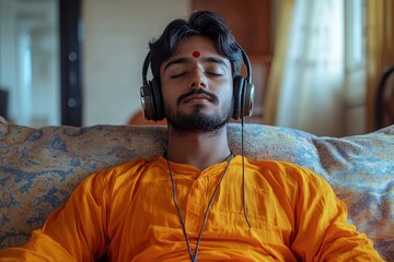 Hindu man in wireless headphones reclining on sofa, resting with eyes closed while listening to music in headset, copy space, Generative AI