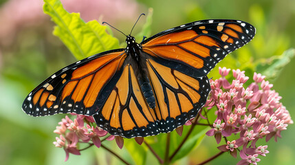 Fototapeta premium Monarch butterfly on a milkweed plant. The butterfly is orange, black, and white, with a wingspan of about 4 inches.