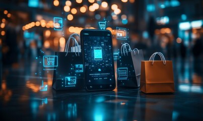 A smartphone with a mobile payment app surrounded by shopping bags and business symbols, illustrating the role of technology in e-commerce and retail business, e-commerce technology, Generative AI