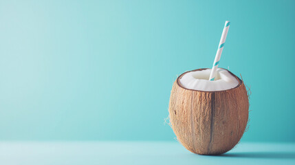 Refreshing coconut drink on pastel blue background

