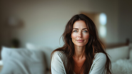 Obraz premium Portrait of a smiling woman with wavy brown hair and natural makeup, seated in a cozy, bright room with a blurred background.
