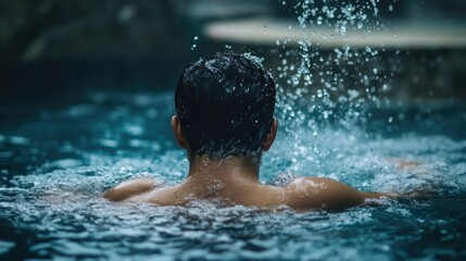 Man enjoying peaceful moment under cascading water in pool surrounded by lush nature, capturing the essence of water wellness