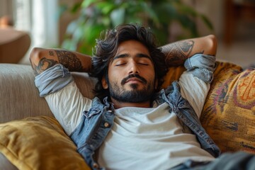 Fototapeta premium Calm indian man relaxing on couch with hands behind head, chilling on sofa, enjoying peaceful weekend morning, free space, Generative AI