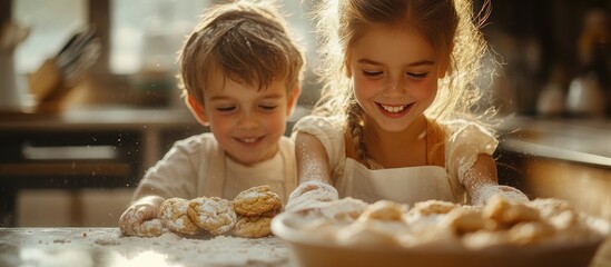 Two young children are in the kitchen, happily looking at freshly baked cookies.