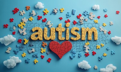 Autism Awareness Campaign: Illustration featuring puzzle pieces forming the word "autism" with a heart symbol, promoting awareness and understanding of autism spectrum, Generative AI
