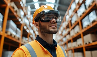 Augmented Reality Picking warehouse workers wearing AR glasses or headsets, which provide real-time picking instructions and navigation cues for faster and more accurate order, Generative AI