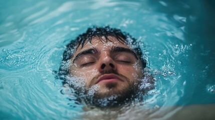 Tranquil man floating in clear blue water with closed eyes for ultimate relaxation, embracing water wellness