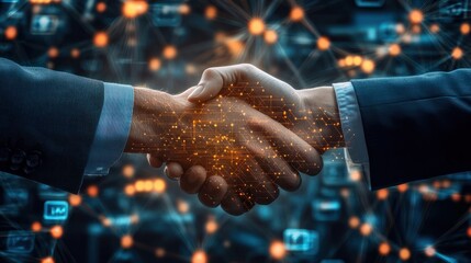 A business handshake is superimposed over a complex digital interface, symbolizing technology's role in agreements