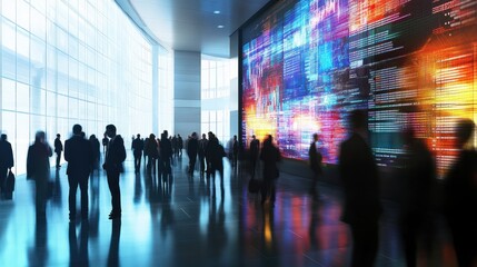 A bustling corporate lobby with business professionals networking, exchanging ideas beside a digital interactive wall displaying real-time market analytics