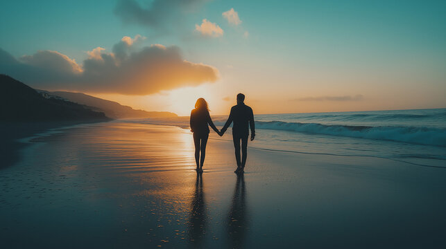 Silhouetted Couple Holding Hands on Serene Beach at Sunset | Romantic Getaway, Love and Connection | Sunset Landscape and Relationship Concept


