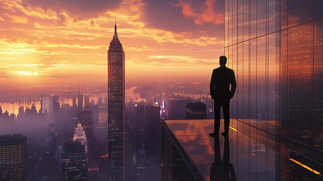 A CEO at dawn, overlooking a cityscape, commanding a global business from the top of a skyscraper, visionary and powerful