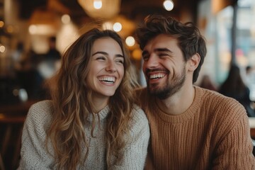 Spouses drinking coffee in cafe, enjoying talk and laughing, sitting in front of one another, free space, Generative AI