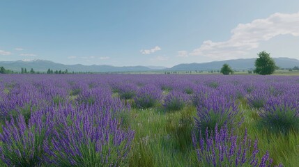 Fototapeta premium Expansive Lavender Field Under Clear Blue Sky