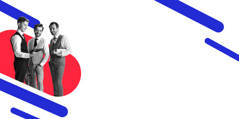 Contemporary art collage. Team of businessmen collaborating over plans, vibrant red shapes in background. Minimalistic design. Copy space. Concept of branding, lending pages, presentation templates.